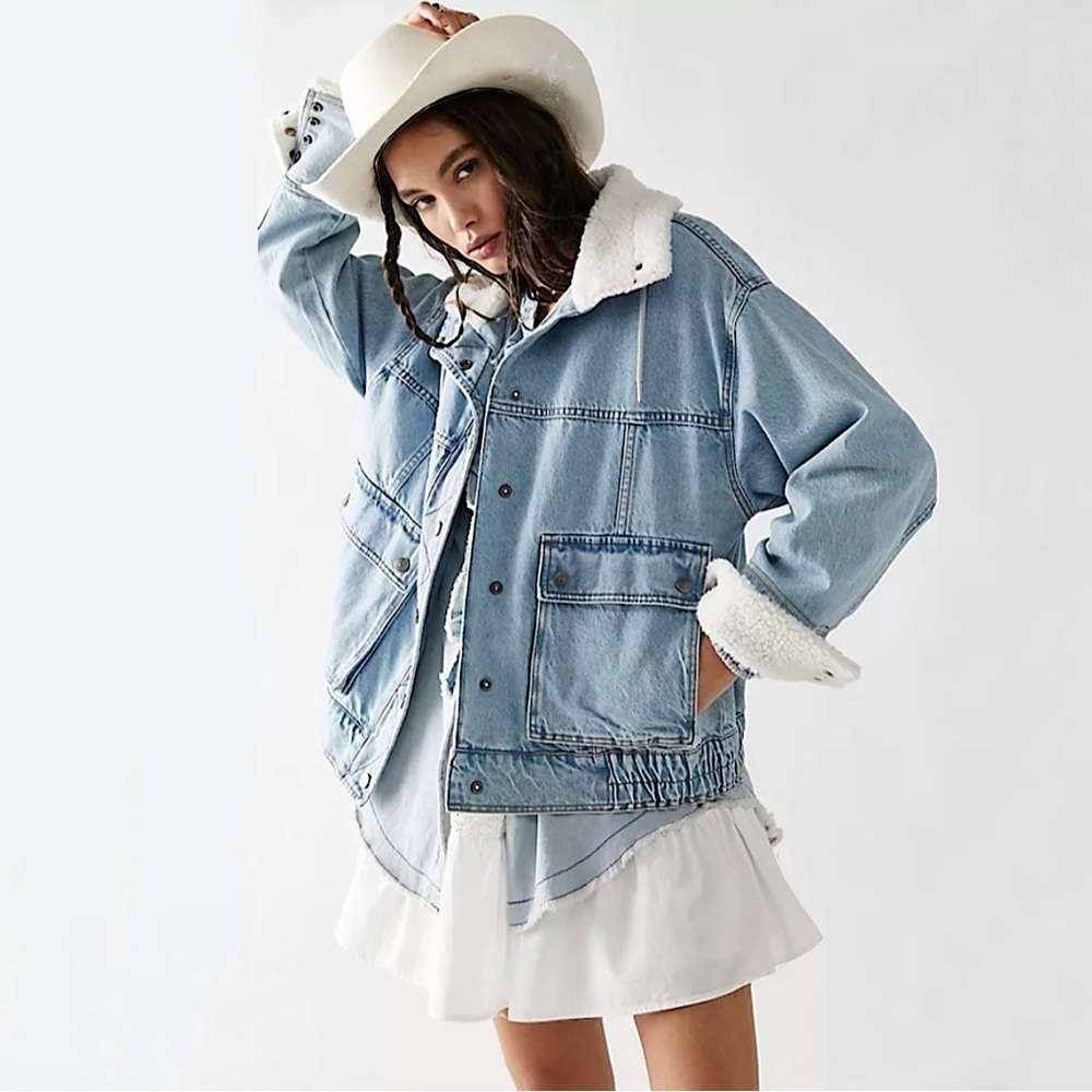 Free People We The Free Ariel Cozy Denim Bomber Jacket Casper Wash Medium
